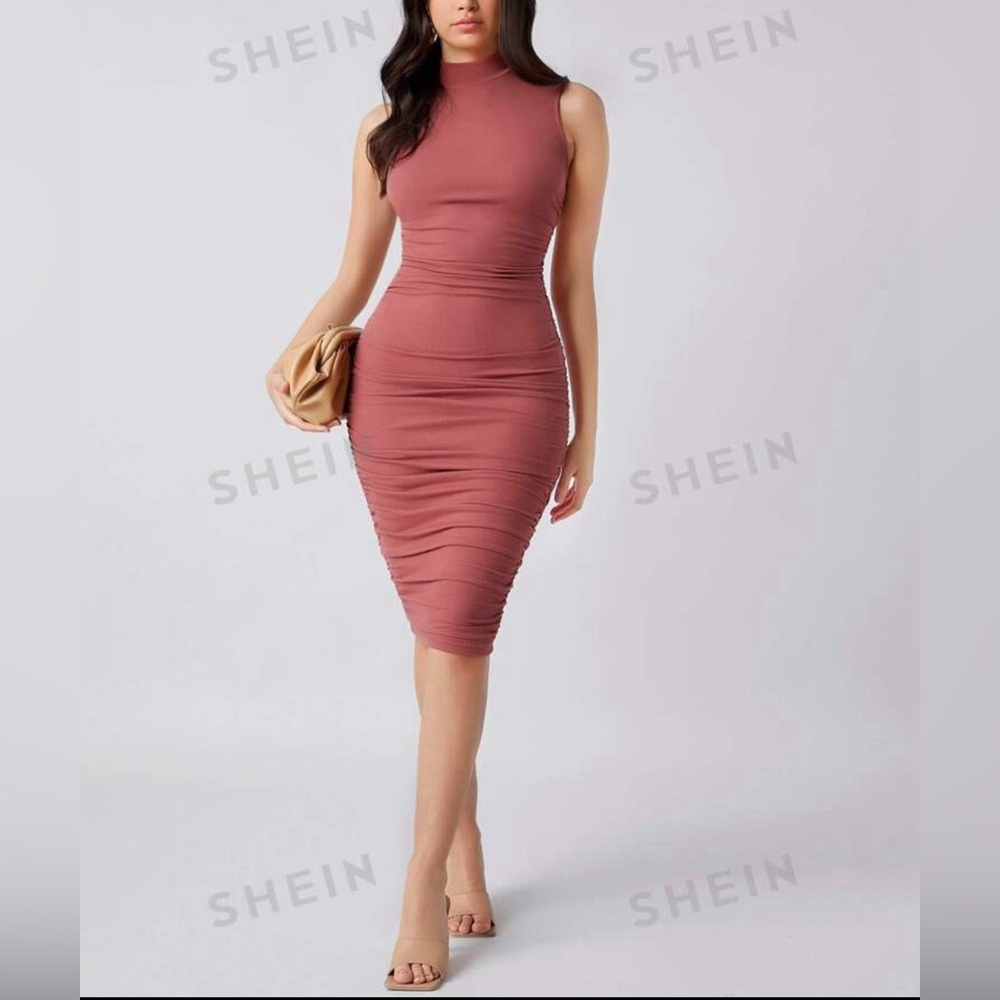 Mock-neck Ruched Solid Dress